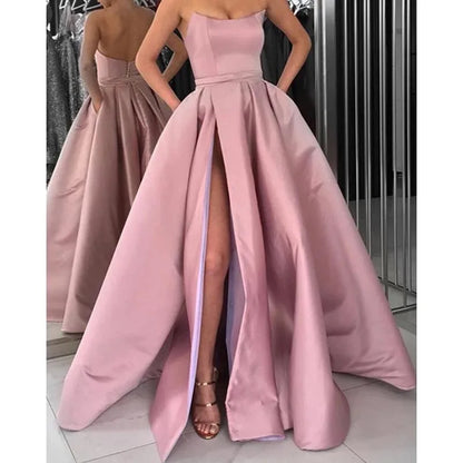 Elegant Strapless Satin Long Evening Gowns