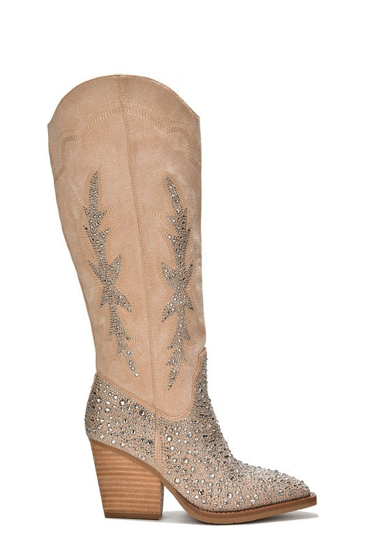 Anniston Knee High Rhinestone Western Heeled Boots