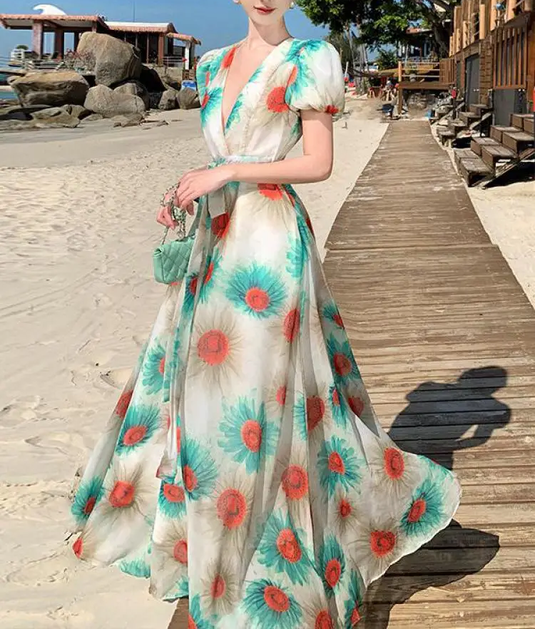 Green Floral A-line Long Retro Dress