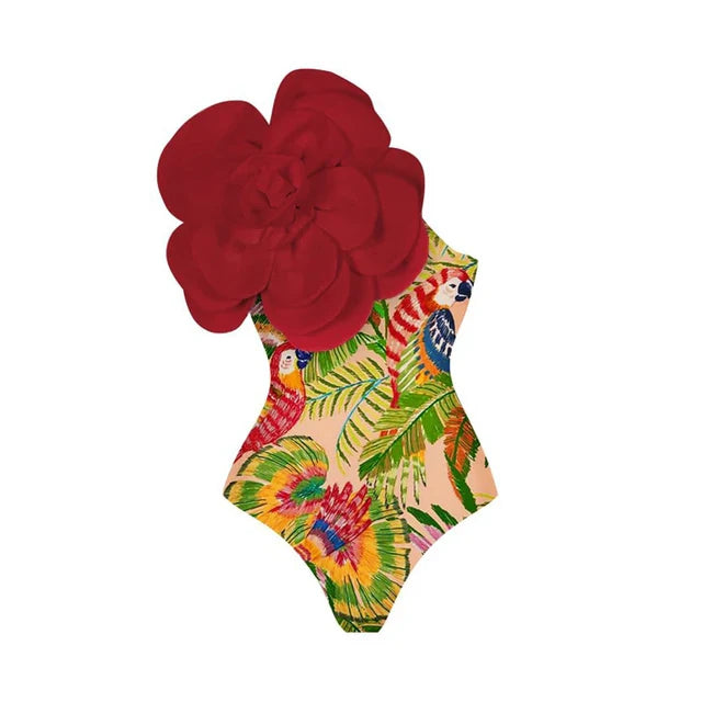 One-Shoulder Ruffled Red Paradise Swimsuit