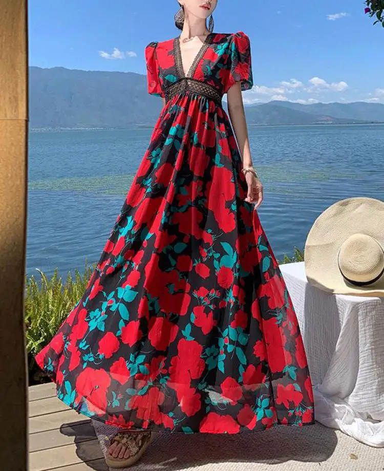 Red Pleated Patchwork Floral Bohemian Dress