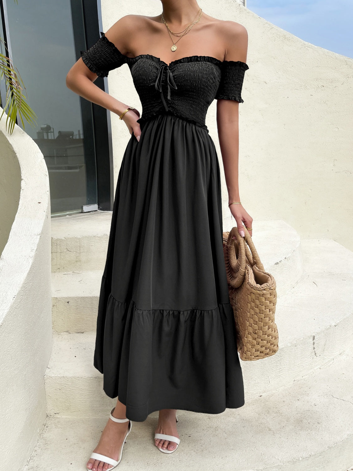 Black Off-Shoulder Short Sleeve Midi Dress