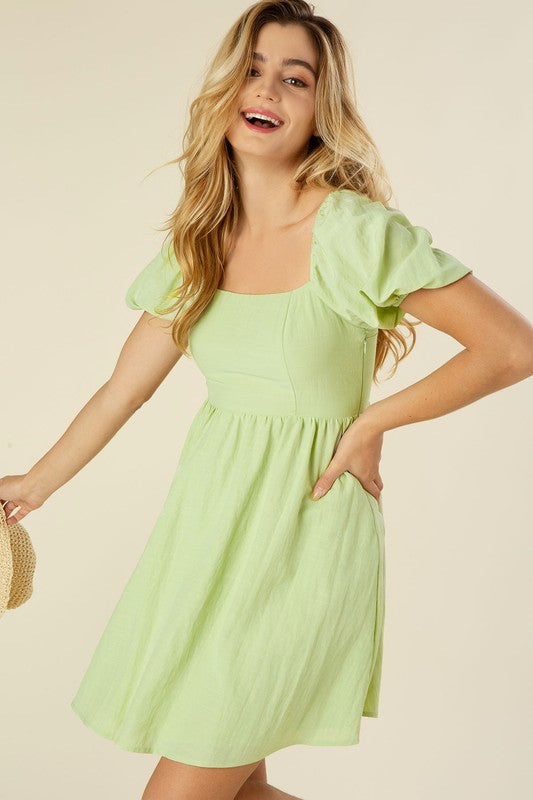 Lime Green Pastel Puff Sleeves Dress