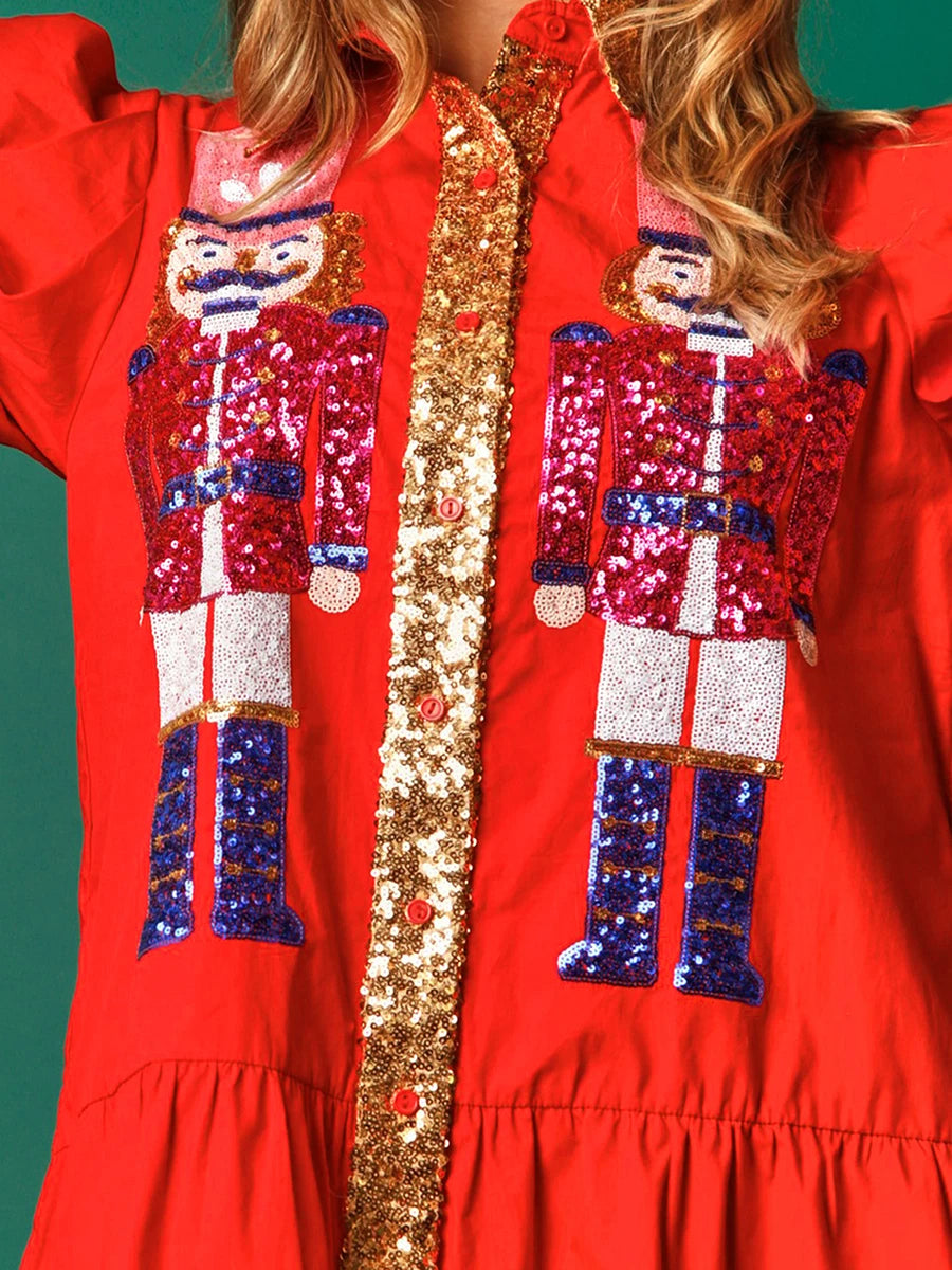 Sparkle & Joy Nutcracker Sequin Dress - Festive Holiday Mini with Santa Flair