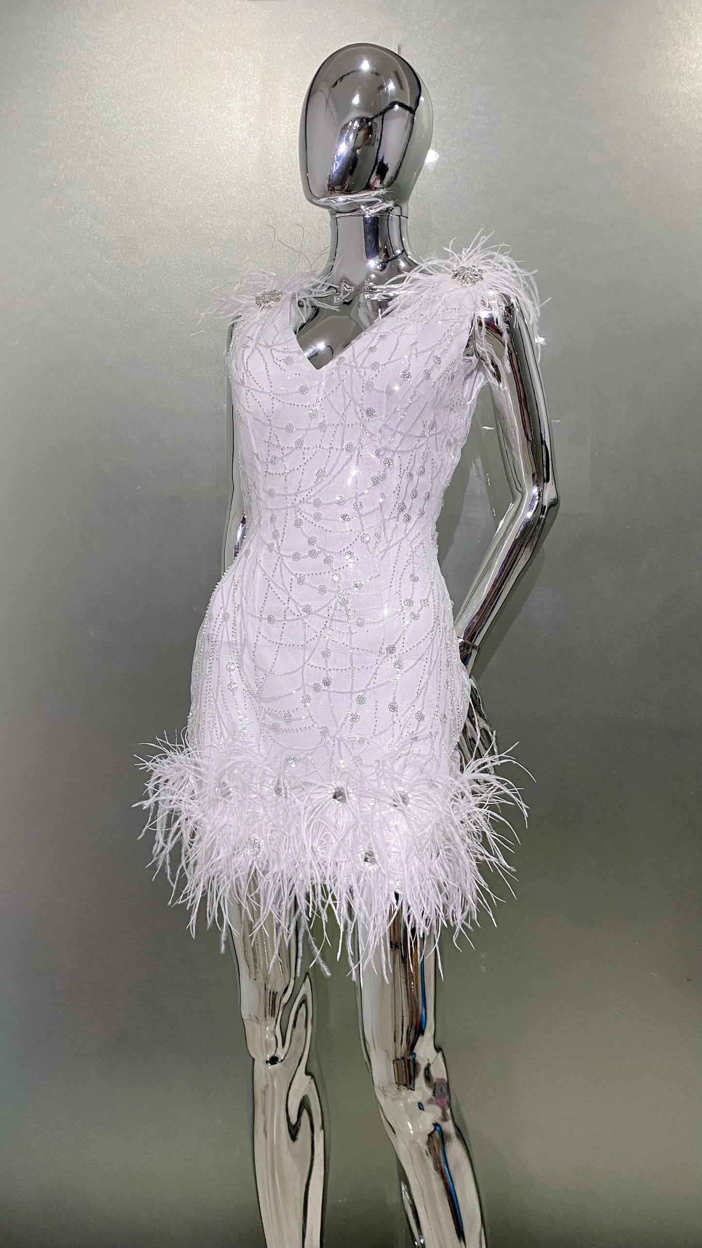 Feather Sequins White Mini Dress