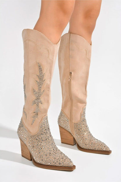 Anniston Knee High Rhinestone Western Heeled Boots