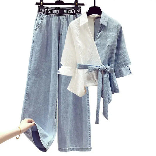 STL Chiffon Shirt &amp; Jeans Two Piece Set