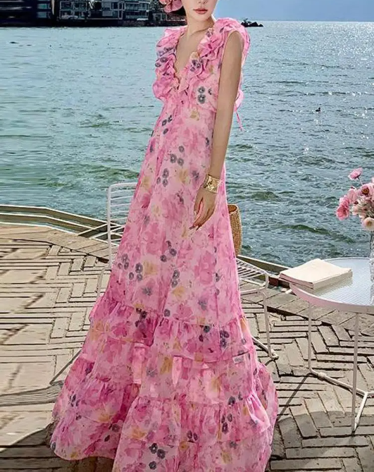 Pink Floral Boho Sleeveless Summer Dress