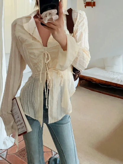 Lace Up Long Sleeve Blouse