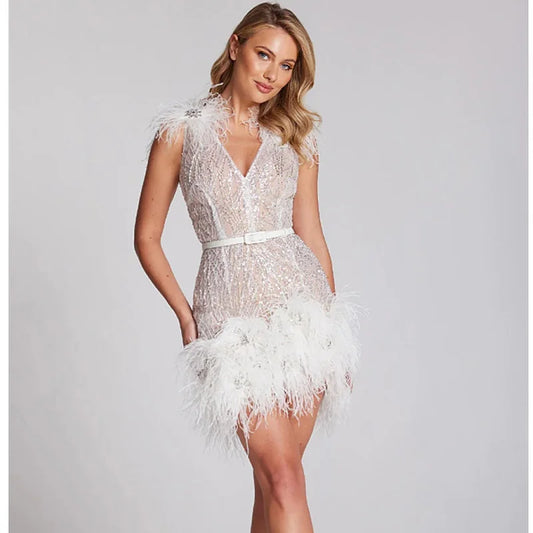 Feather Sequins White Mini Dress