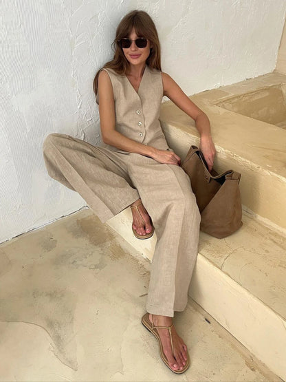 Afternoon Chill Linen Cotton Chic Vest ＆ Pants Suit