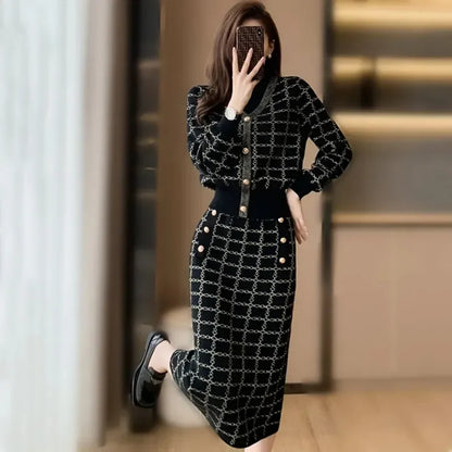 Plaid Knitwear Sweaters Tops+slim High Waist Skirts