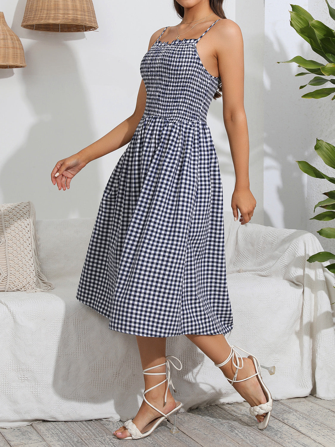 Indigo Smocked Plaid Square Neck Cami Dress