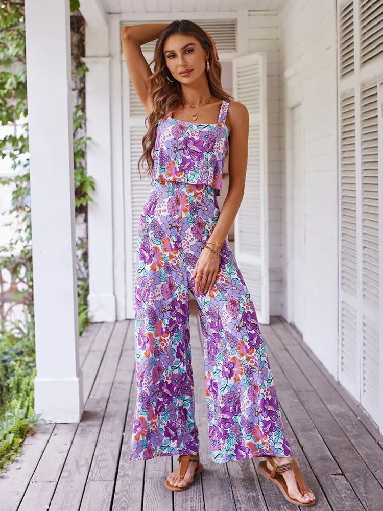 Elegant Long Flower Jumpsuit Casual Sleeveless