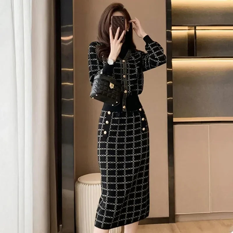 Plaid Knitwear Sweaters Tops+slim High Waist Skirts