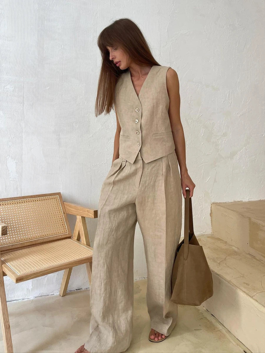 Afternoon Chill Linen Cotton Chic Vest ＆ Pants Suit