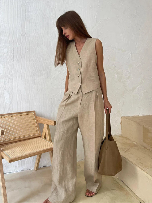 Afternoon Chill Linen Cotton Chic Vest ＆ Pants Suit