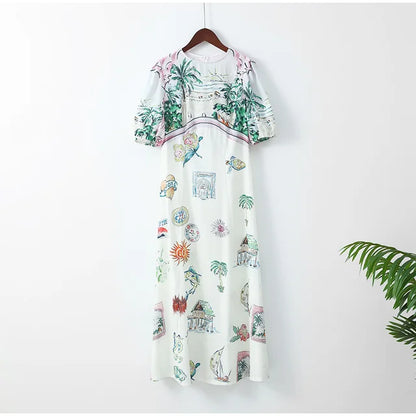 Summer Breeze Elegant Puff-Sleeve Printed Maxi Dress