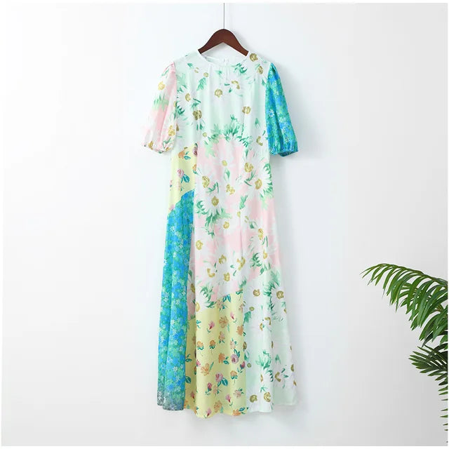 Summer Breeze Elegant Puff-Sleeve Printed Maxi Dress