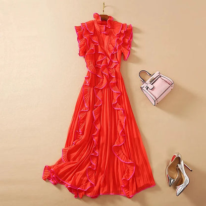 Spring & Summer V-Neck Ruffle Long Dress