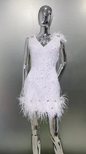 Feather Sequins White Mini Dress