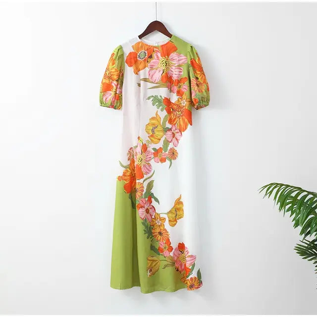 Summer Breeze Elegant Puff-Sleeve Printed Maxi Dress